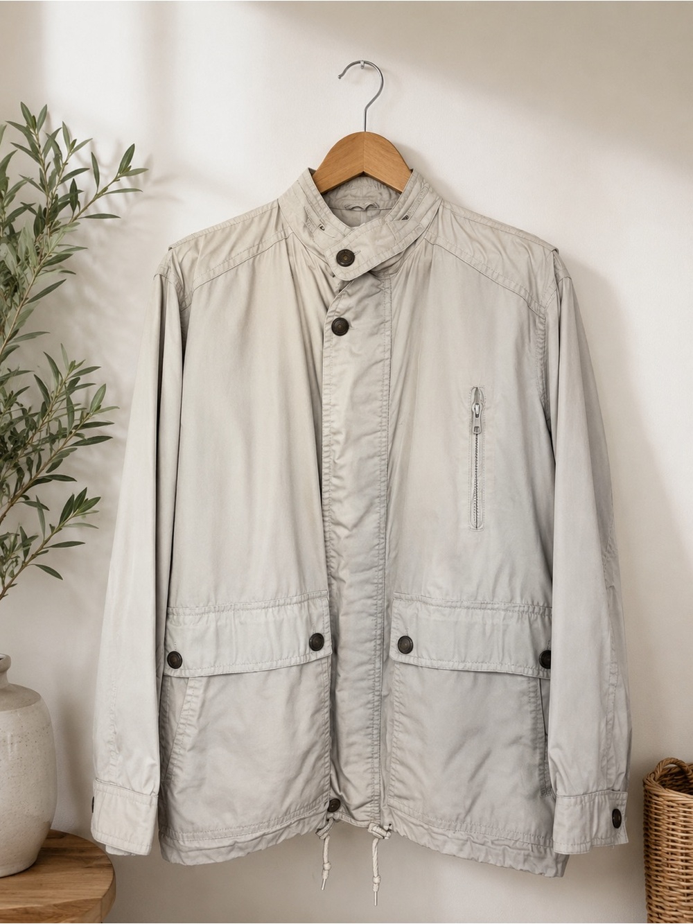 Vintage London Fog Tempo Europa Utility Rain Jacket Hidden Hood Ivory Beige M